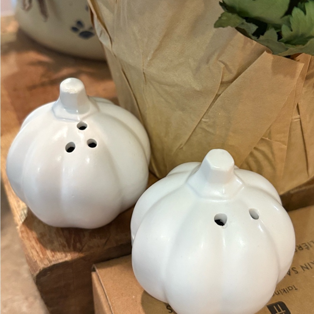 Talking Tables White Ceramic Pumpkin Salt and Pepper Shakers NIB